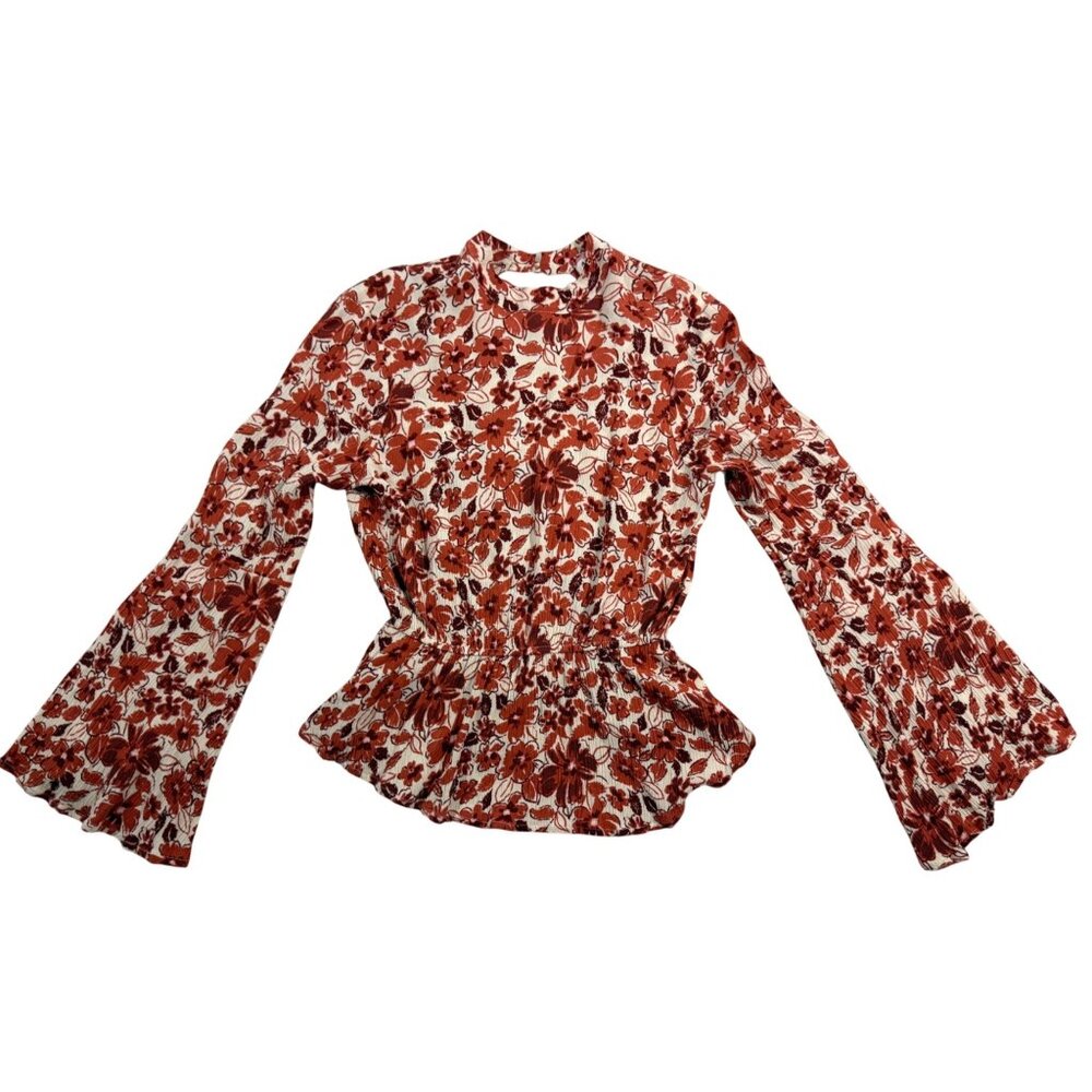Floral Bell Sleeve Blouse S Andrée By Unit Open Back Rust Orange Cottage Fairy